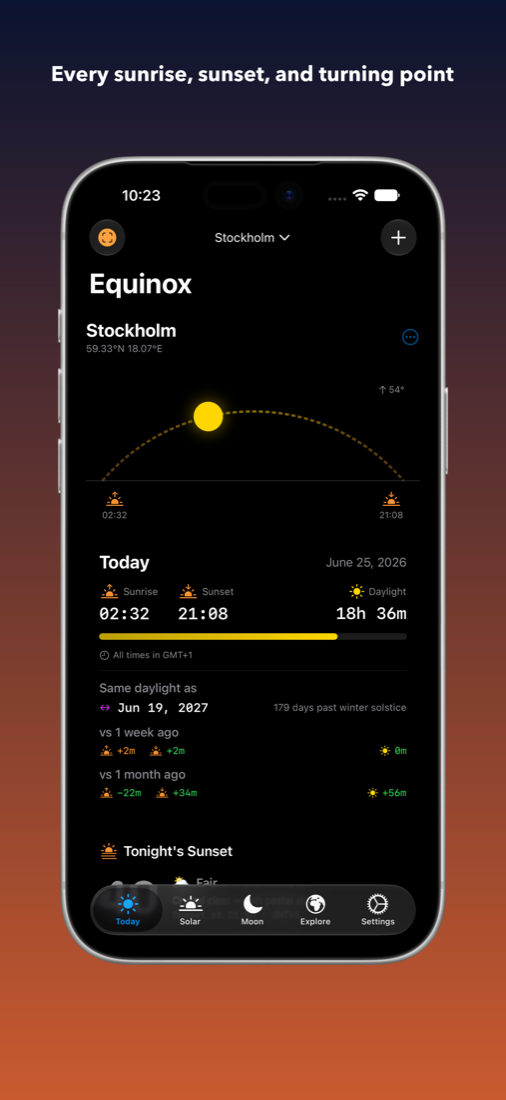 Equinox Today tab with sunrise and sunset times